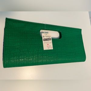 Giannini clutch, Green crocodile embossed with blue side and purple lining